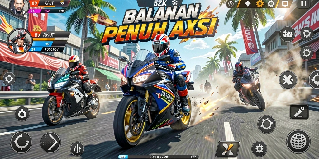 Gameplay 5ZK menampilkan balapan motor yang seru di trek balap yang men Challenging.