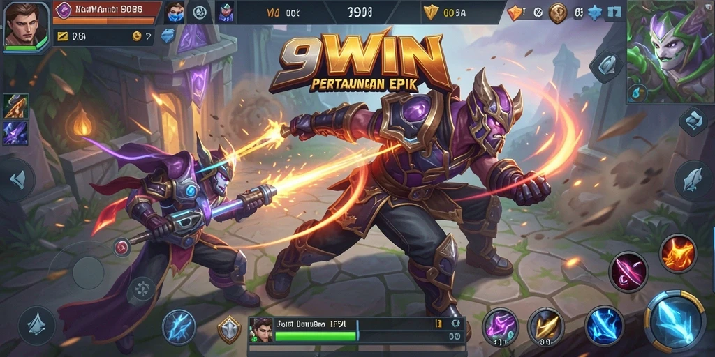 Tampilan gameplay epik dan aksi seru dari 9WIN dalam arena MOBA.