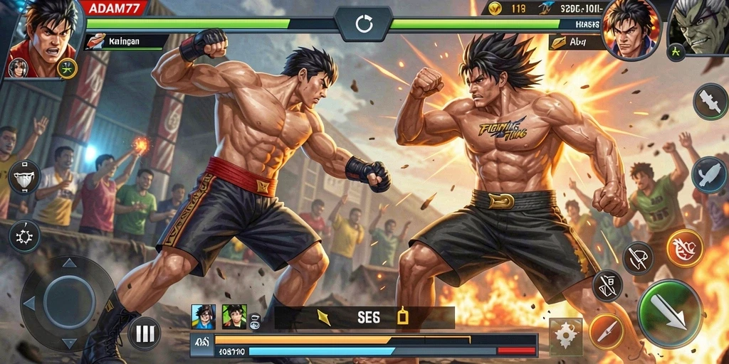 Screenshot utama ADAM77 menampilkan pertarungan seru antara karakter.