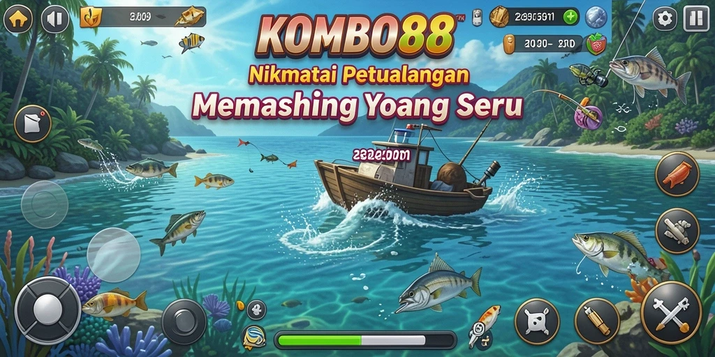 Gameplay seru KOMBO88 dengan grafis memukau saat menangkap ikan.