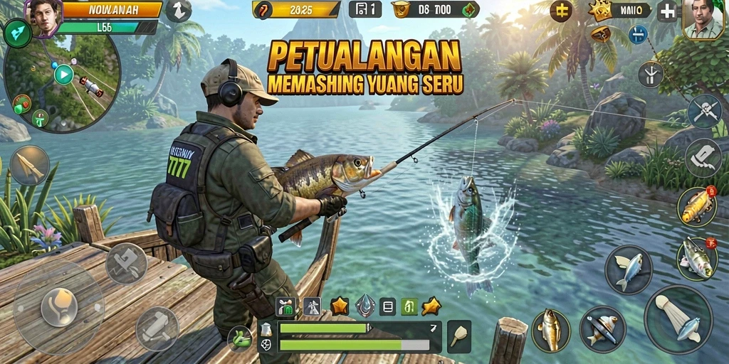 Screenshot utama WOW77 menampilkan aksi memancing yang seru di lautan.